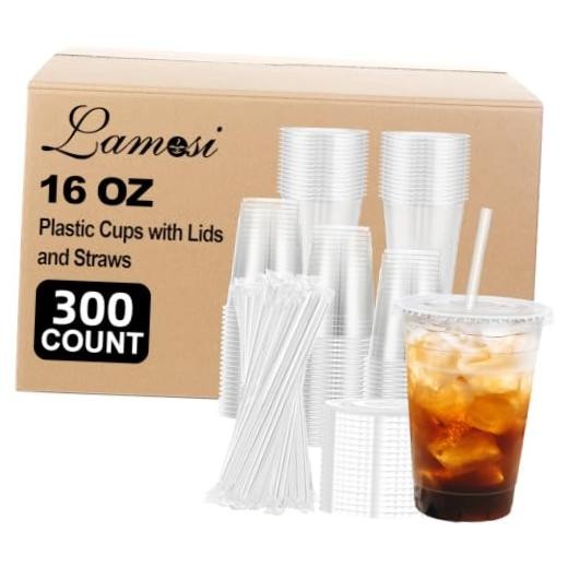 300 Pack Clear Plastic Cups with Lids and Straws 16 OZ – 300 Pack
