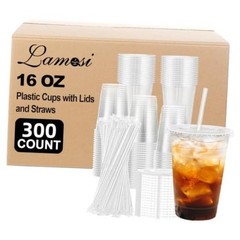 300 Pack Clear Plastic Cups with Lids and Straws 16 OZ – 300 Pack