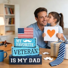 4 Pcs Dad Veteran Wooden Tiered Tray Decor, Father Day Decorations Gifts Blue