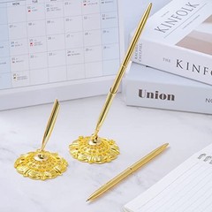 Jiebor 2Pcs Wedding Pen and Metal Pen Stand Holder Set Signing Desk Gold