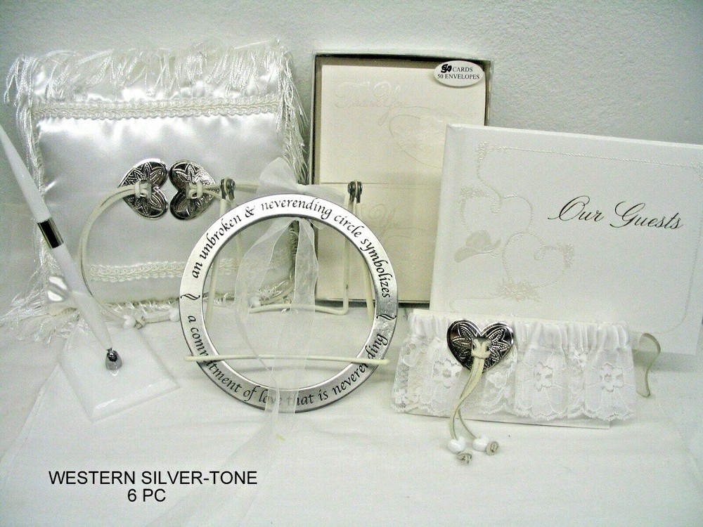 7 PC COUNTRY WESTERN WEDDING SET PILLOW, GUESTBOOK, PEN, CIRCLE RING, GARTERS