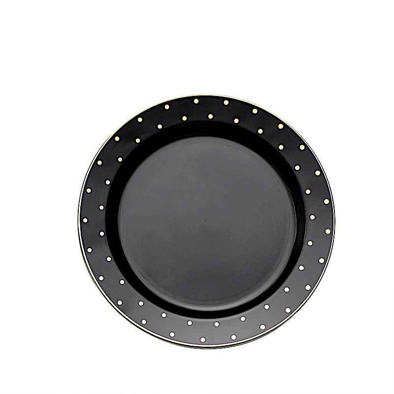 10 Round 10″ Black Plastic Dinner Plates with Gold Dotted Rim Party Catering