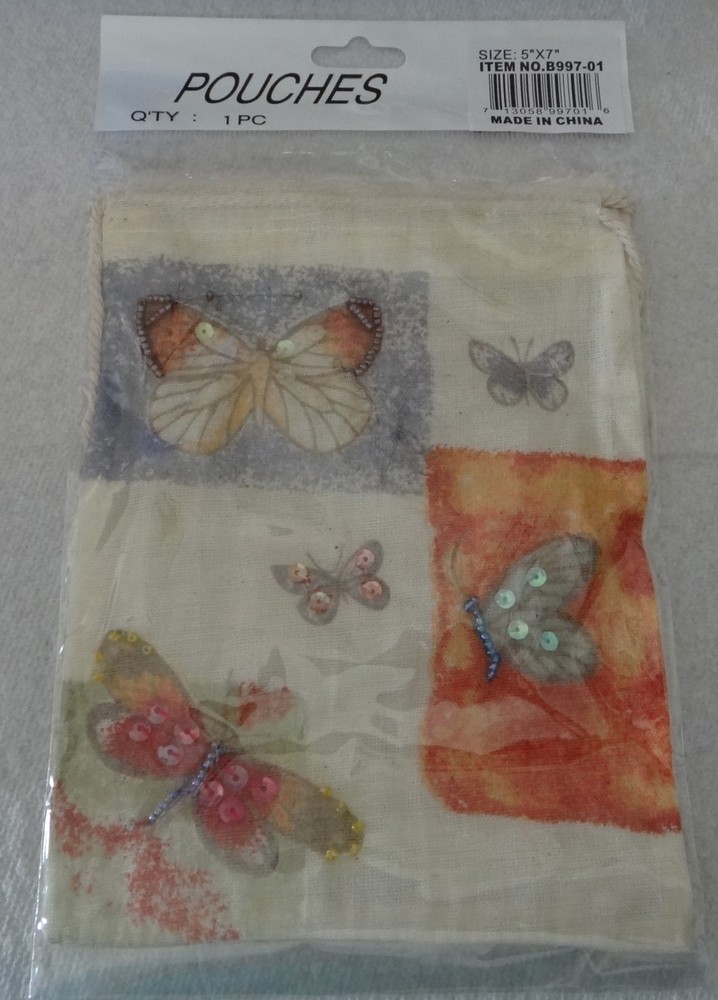 6 Ivory 5×7″ Muslin Butterfly printed on front Drawstring Beaded Favor Bags
