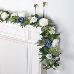 Flower Garland Artificial Rose Vine Flowers with Green Leaves 2PCS Blue&white