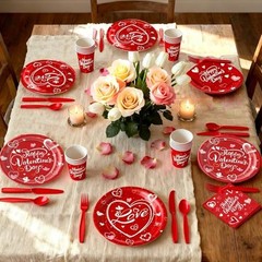 112PCS Valentine’s Day Heart Party Plates Supplies Love Heart Party Red
