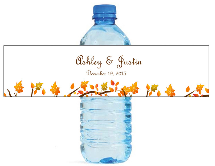 100 Fall Leaves Wedding Anniversary Engagement Party Water Bottle labels Bridal
