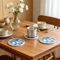 Round Glass Coaster Set, Birds and Floral Design, PVC and Glass, 4.33 Blue a