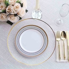 10 White 9″ Round Plastic Salad Dinner Plates Navy Blue Gold Chord Rim Party
