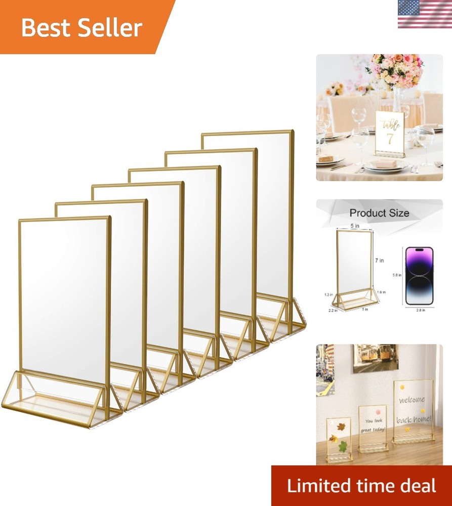 6Pack 5 x 7 Clear Acrylic Wedding Table Number Holder Stands with Gold Border…