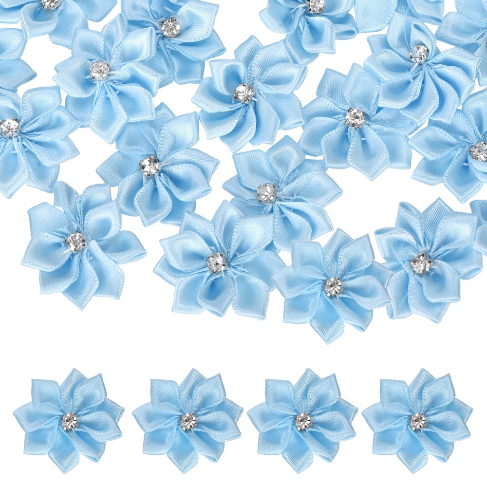 100Pcs Ribbon Flowers 1.2″ Fabric Flowers with Rhinestones Blue