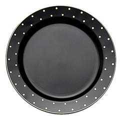 10 Round 10″ Black Plastic Dinner Plates with Gold Dotted Rim Party Catering
