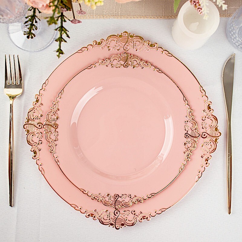 10 DUSTY ROSE GOLD 8″ Round Plastic Salad Dinner PLATES Embossed Baroque Rim