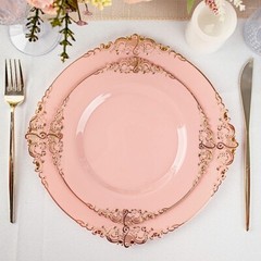 10 DUSTY ROSE GOLD 8″ Round Plastic Salad Dinner PLATES Embossed Baroque Rim