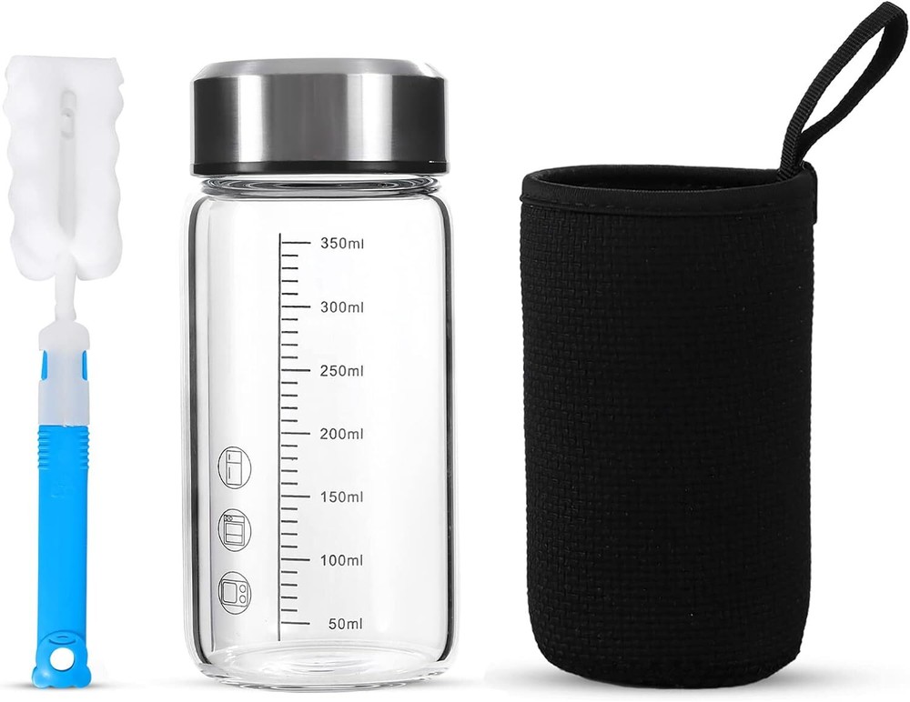 TONGRANG-LIFE 12Oz Glass Water Bottle,Glass Shaker Bottle,Small Clear