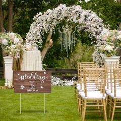 Lesnala 3Pcs Double Sided Wedding this Way Sign 14.2 x 8.5 inches, Brown-3PCS
