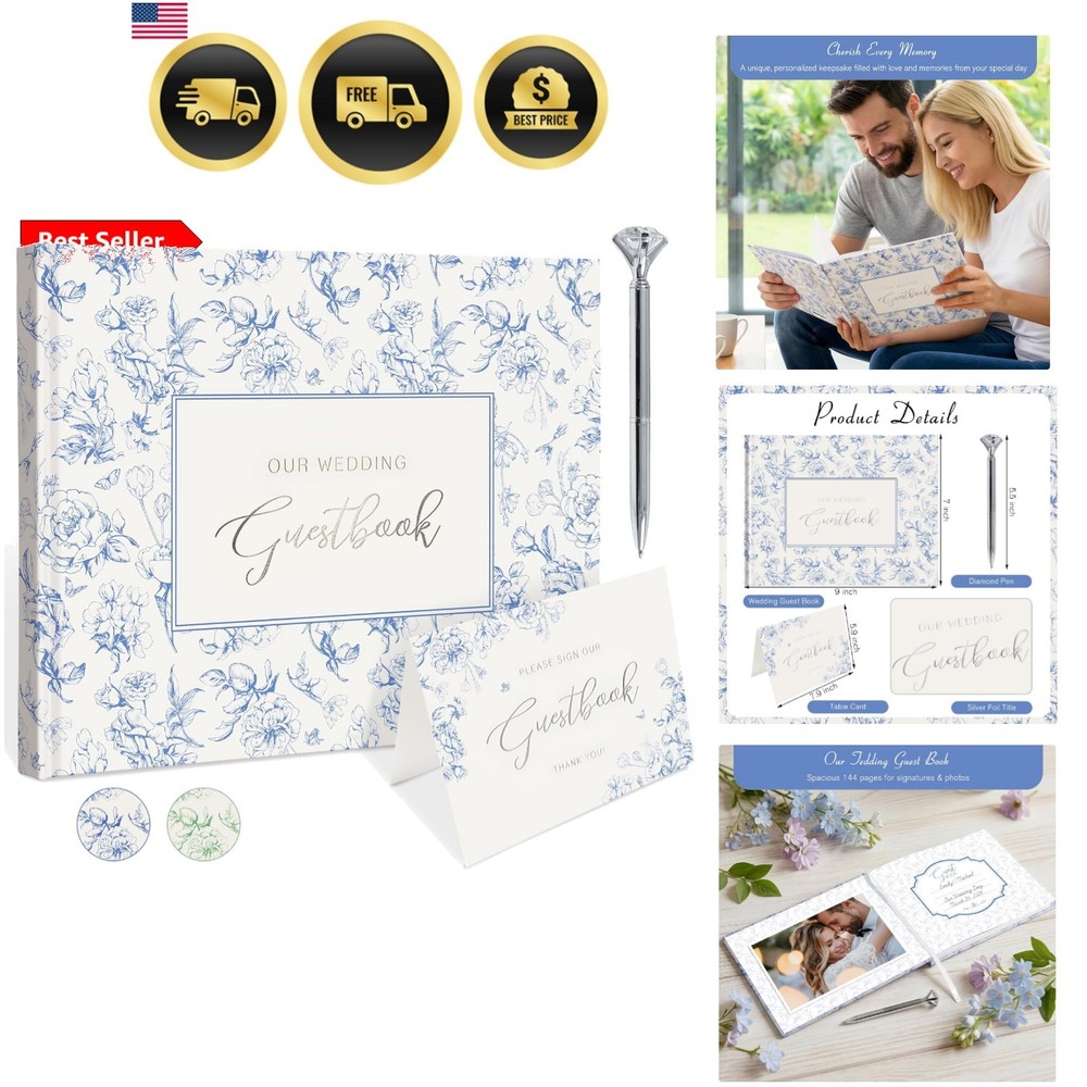 Blue Floral Wedding Guest Book Hardcover with Pen – 9×7 Inch 144 Pages Sign I…