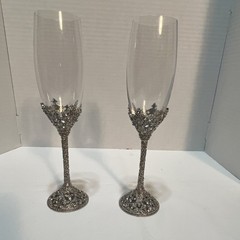 Decorated Silver Wedding Champagne Glasses Set of 2, Romantic Heart Theme