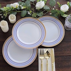 10 White 9″ Round Plastic Salad Dinner Plates Navy Blue Gold Chord Rim Party