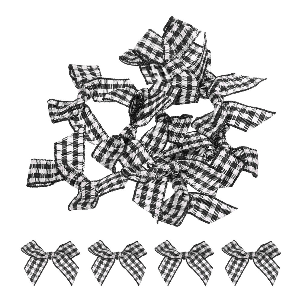 10Pcs Mini Gingham Ribbon Bow 1.5″ Checkered Fabric Satin Black and White