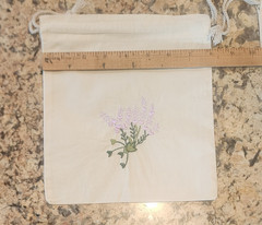 5 Ivory 8″ x 9″ Cotton Muslin drawstring bag with embroidered Lavender flowers