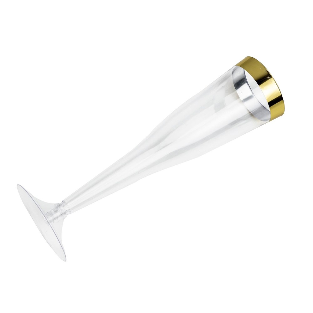 12 6 oz Plastic CLEAR with Gold Rim Champagne Disposable Glasses Party Wedding