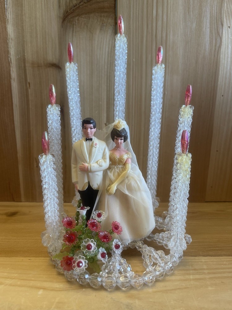 1950’s 1960’s Vintage Hand Beaded Wedding Cake Topper Wilton Bride Groom