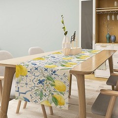 Lemon Table Runner Watercolor Fruits Green Leaves Pattern 13x70in, Lemon-6
