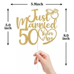 Just Married 50 Years Ago Cake Topper, 50th 5.9″ x 4.8″, Gold Glitter