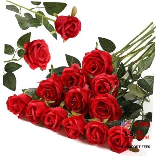 12PCS Artificial Flowers Fake Roses, Realistic Silk Long 6 Flowers 6 Buds Red