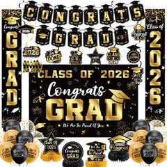 Graduation Decorations 2026 Set Black Gold, 60 inches x 40 inches, Gold