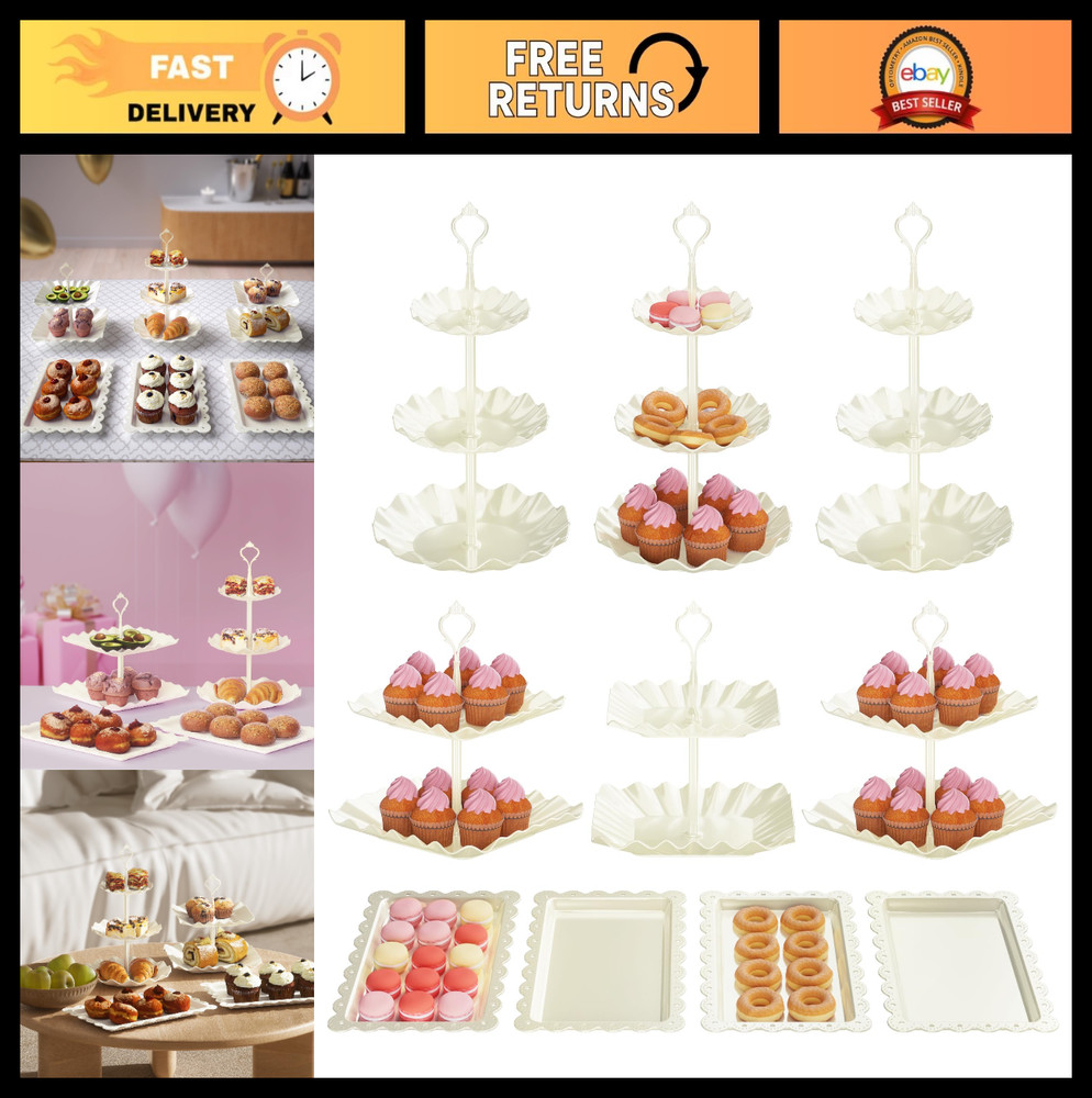 10 Pack Dessert Stand Set – 3 Two-Tier & 3 Three-Tier Cupcake Holders, Cookie Tr