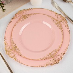 10 DUSTY ROSE GOLD 8″ Round Plastic Salad Dinner PLATES Embossed Baroque Rim