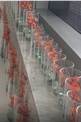 16 sets of 4 Clear Glass Candle Holder Cylinder Vases + Flowers + Glass Stones.