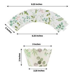 25 White Paper Cupcake WRAPPERS Green Eucalyptus Leaves Print Party Decorations