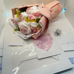 Crochet Rose Bouquet 13” Pink White LED Lights with Gift Bag & Card Graduation