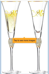 KOWLOON Mr & Mrs Crystal Wedding Toasting Flutes Rhinestones Gold Rim