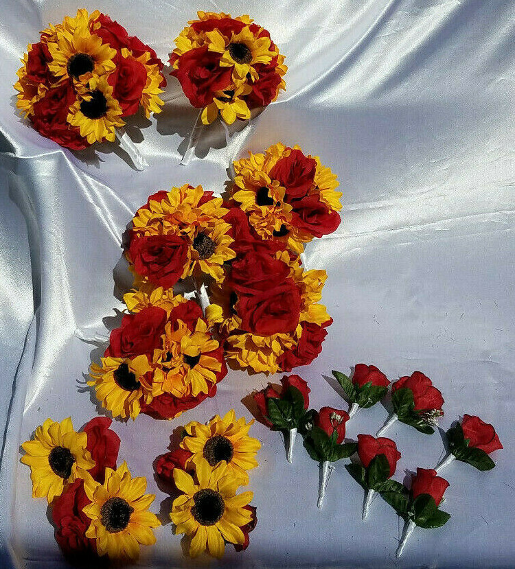 17 Piece Wedding Bouquet Set, Red Roses, Yellow Sunflowers, Bouquet Package