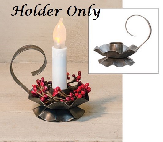 NEW Primitive BLACK PEWTER Taper Candle HOLDER Flower Shaped w/ Handle Metal 3″T