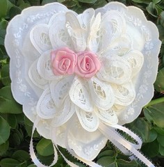 Wedding Ring Bearer Pillow White Lace Heart Cushion Pink Roses Keepsake Gift New