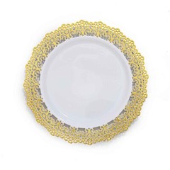 10 WHITE 10″ Round Plastic Salad Dinner PLATES Gold Lace Rim Party Decorations