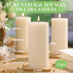 Ginitiri 6 Pack Natural Ivory Soy Pillar Candles 2.8X6 In Hand-Poured Unscented