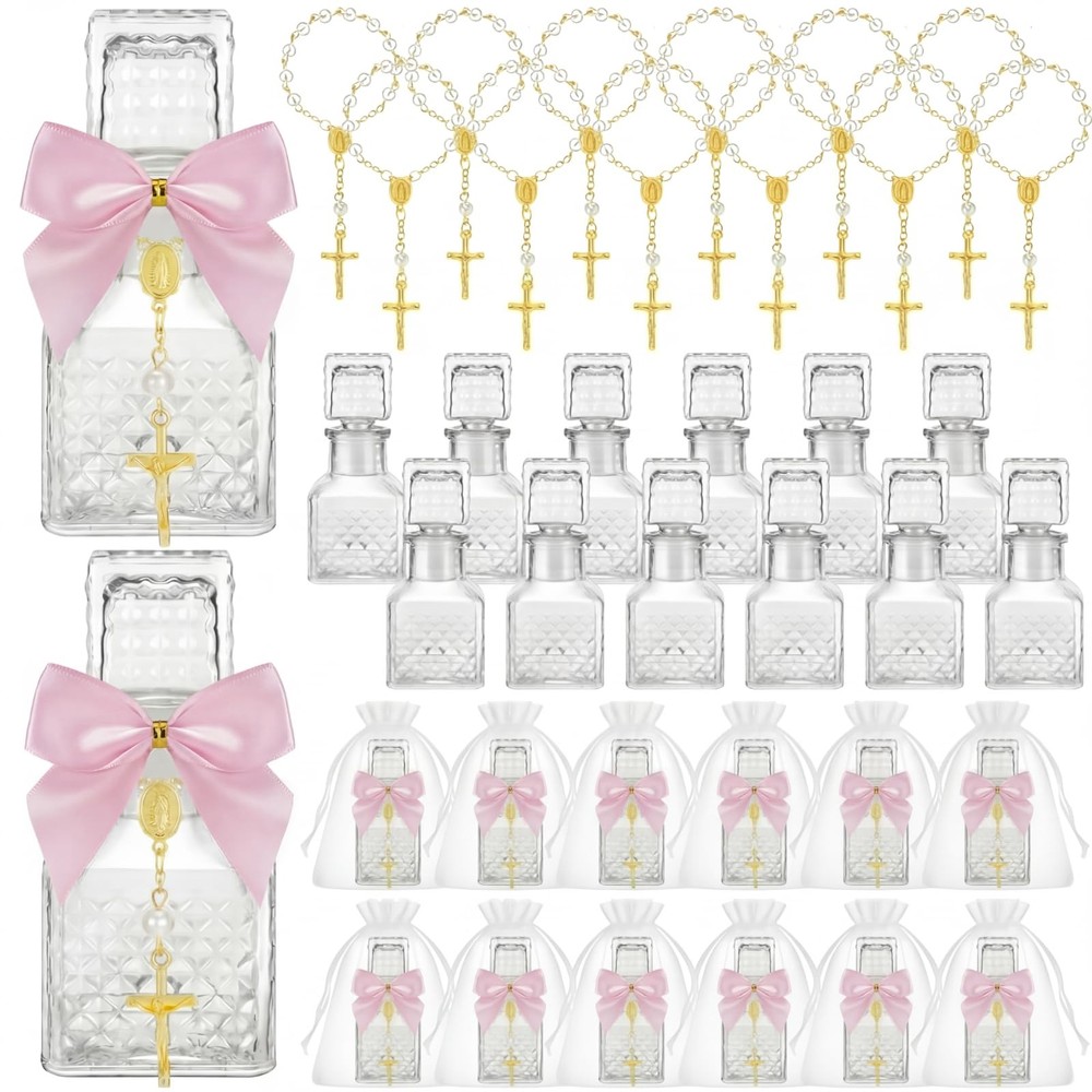 Chuangdi 12 Sets Holy Water Bottles Baptism Favors for Guest Elegant, Pink