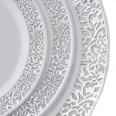 WHITE Silver Rim 10″ Plastic PLATES Disposable Elegant Wedding Birthday Party