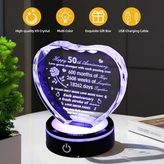 50th Golden Wedding Anniversary Keepsake, Romantic Crystal Heart Gifts for Pa…
