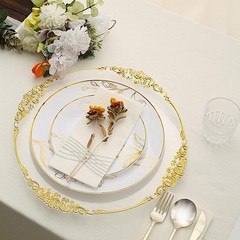 20 Round White Plastic Salad Dinner Plates Gold Floral Design Events Decorations