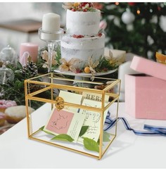 Gold Glass Wedding Card Box Envelope Holder w/ Slot & Feet Party Centerpiece