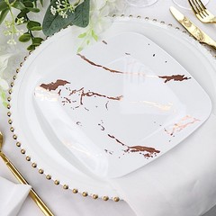 10 WHITE ROSE GOLD Square Metallic Marble Plastic Salad DINNER PLATES Party