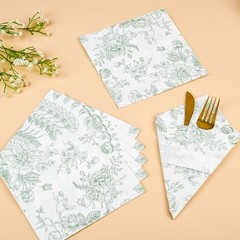 100 Floral Cocktail Napkins White Toile Disposable Paper Napkins 5 Sage Green