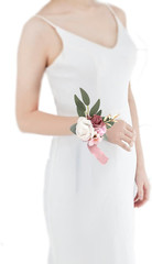 Dusty Rose Wrist Corsage and Boutonniere Set Artificial Light Pink White Rose Fl