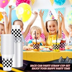 50 Sets Checkered Cup with Flat Lids and White Black Checkered Flag Plaid